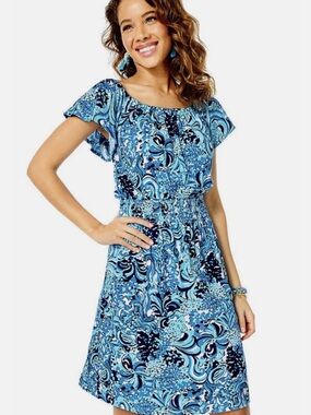 LILLY PULITZER • NWT Clarette flutter sleeve Blue Print Short Sleeve Dress Small
